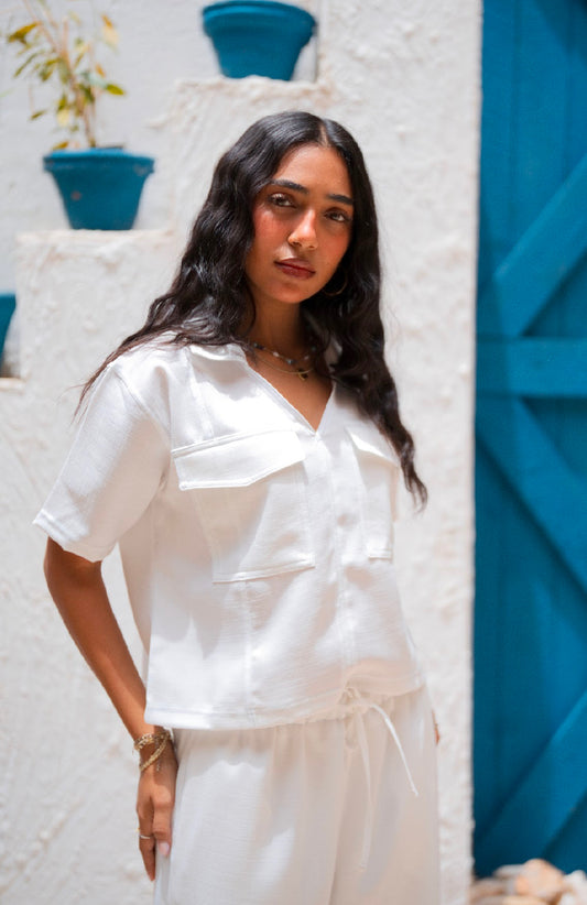 White Stitched Linen Top