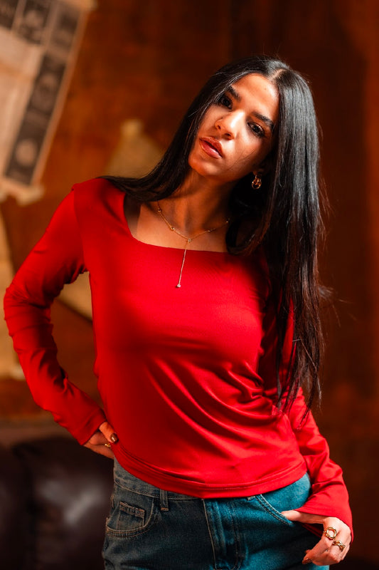 Squared Neck Long Sleeves Basic Top - Burgundy