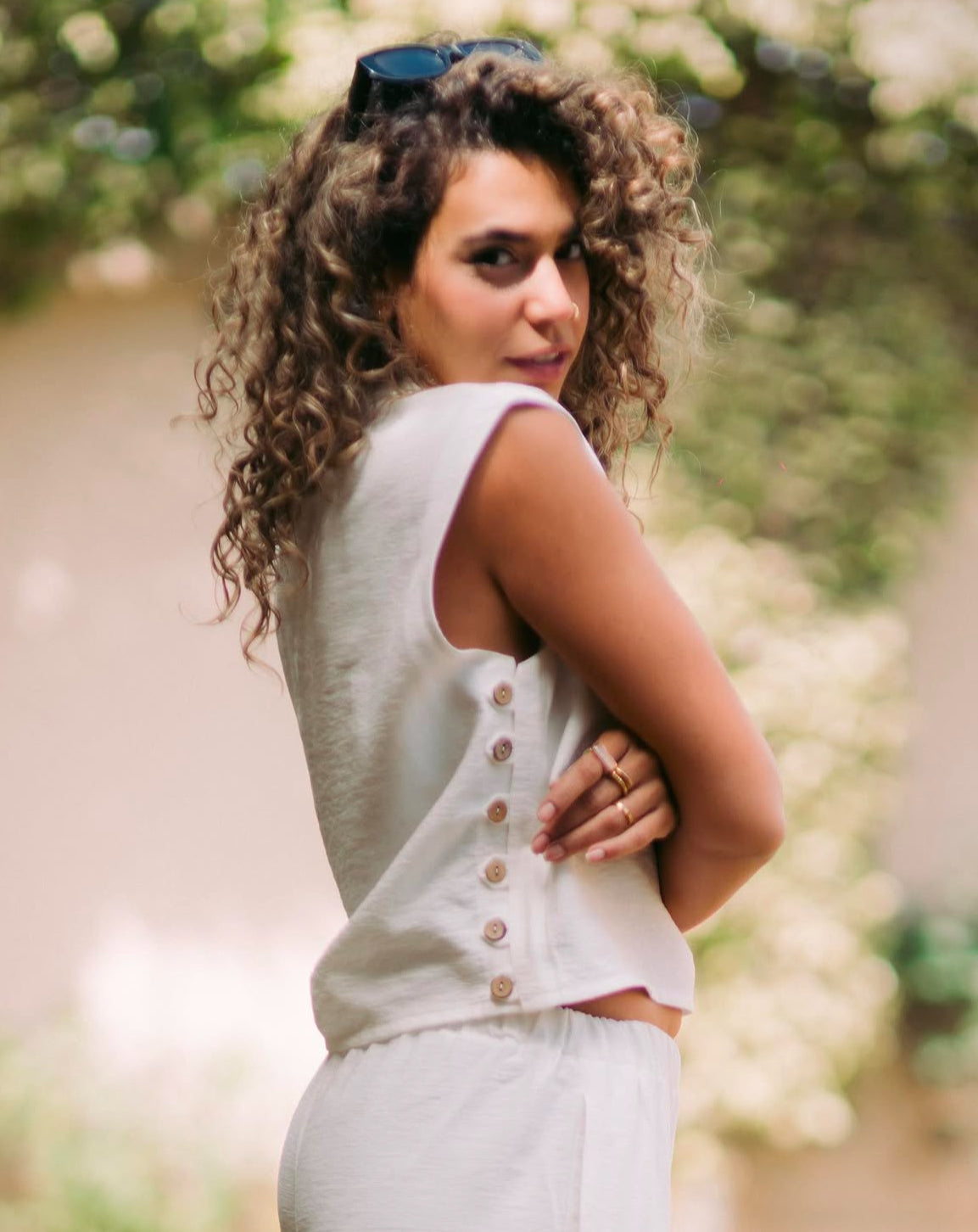 Rustic Linen Top with Wooden Buttons