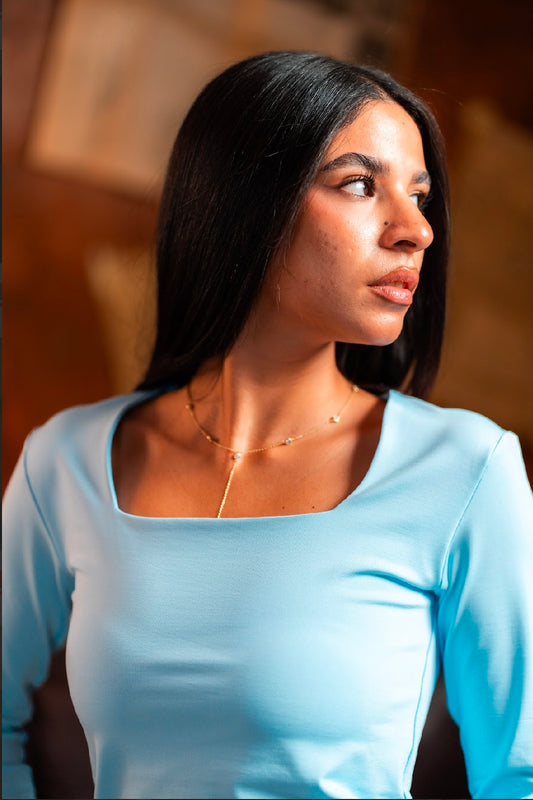 Squared Neck Long Sleeves Basic Top - Baby Blue