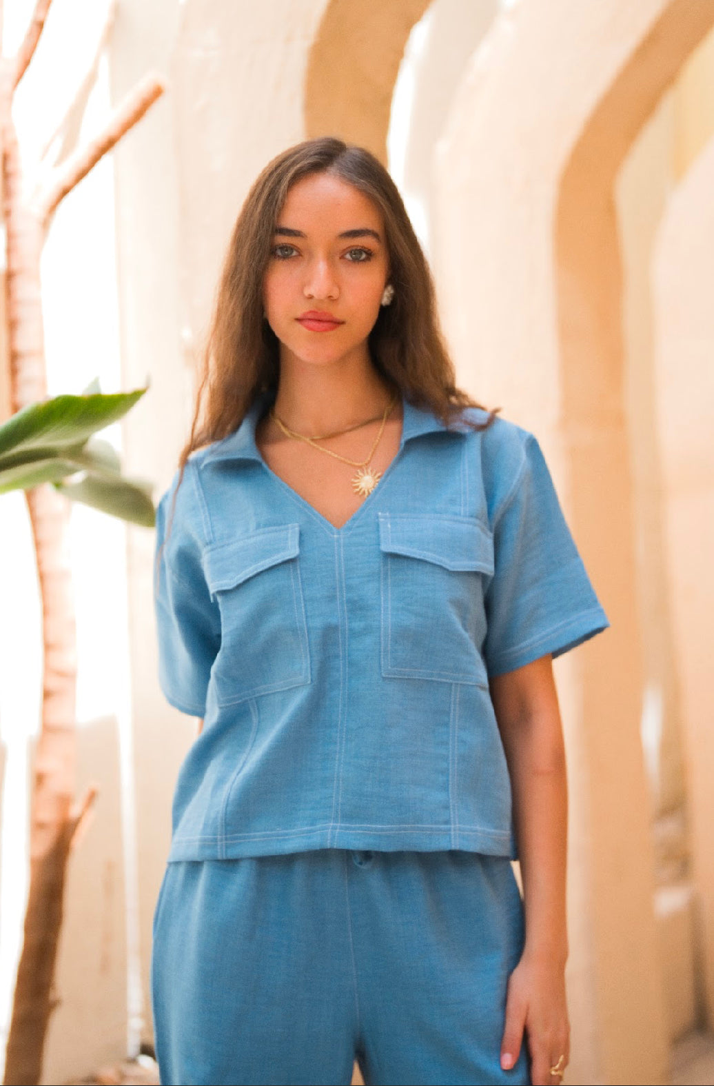 Denim Stitched Linen Top