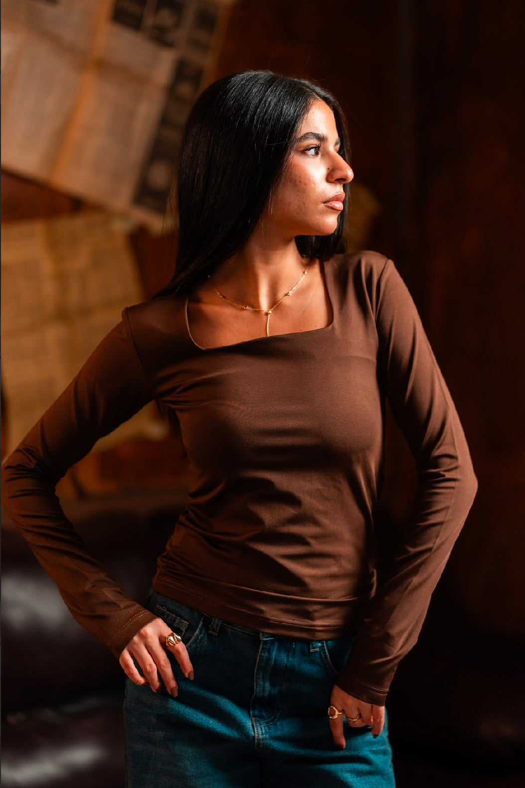 Squared Neck Long Sleeves Basic Top - Brown