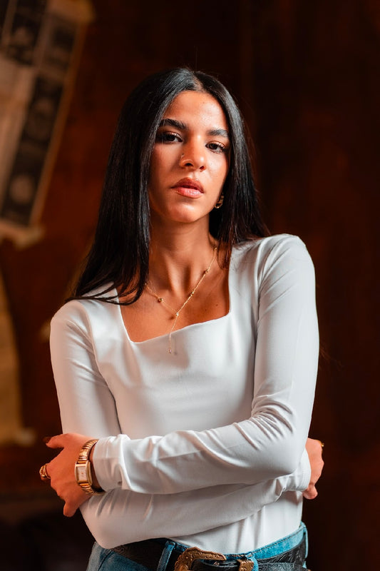 Squared Neck Long Sleeves Basic Top - White