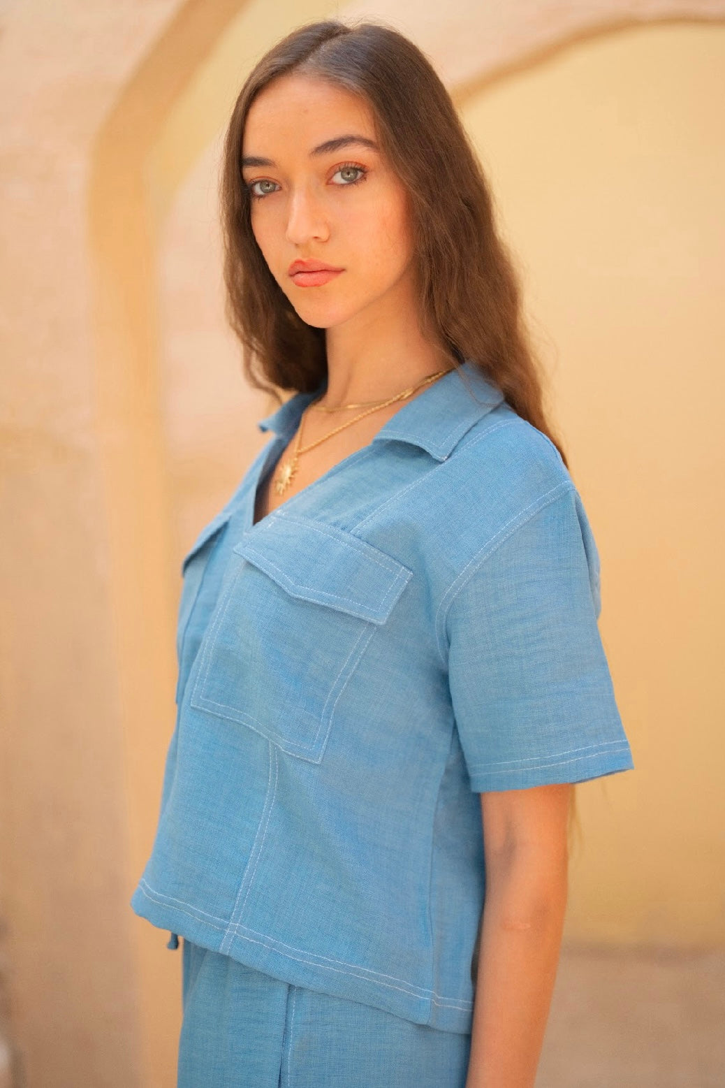 Denim Stitched Linen Top
