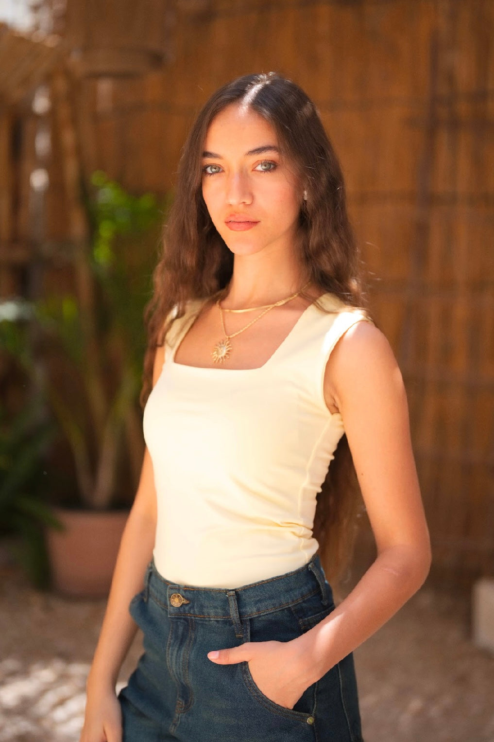 Baby Yellow Squared Neck Tank Top