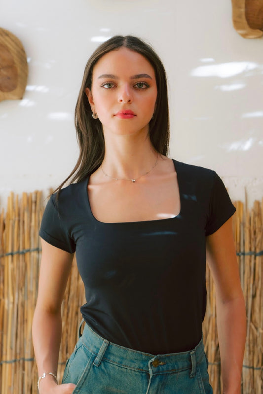 Black Squared Neck Short Sleeves Top