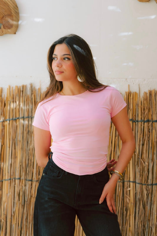 Baby Pink Round Neck Short Sleeves Top